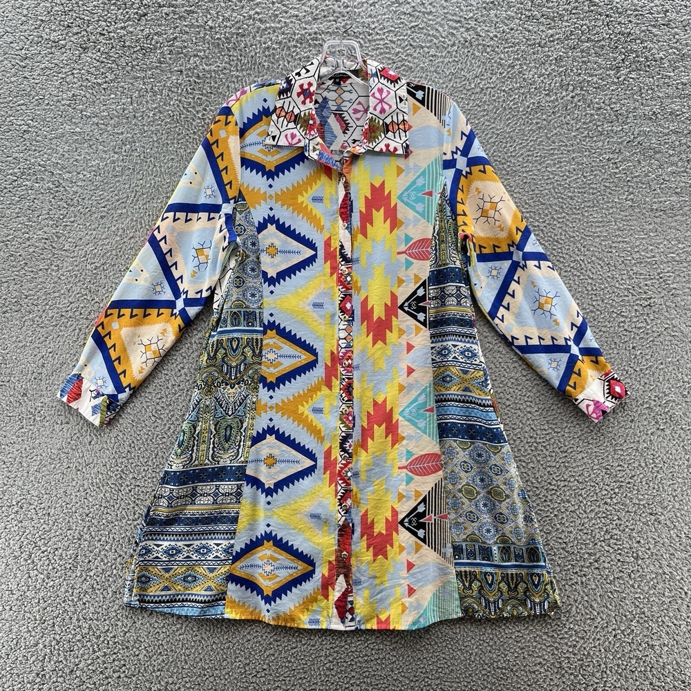 Calessa Blouse Women Medium Blue‎ Colorful Aztec Long Pockets Swing Tunic Top